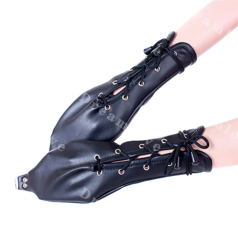 

PU Leather Women Fetish Pet Play Cosplay Fingerless Gloves Fist Mitts Mittens with Strong Lace Up and D Ring Costumes