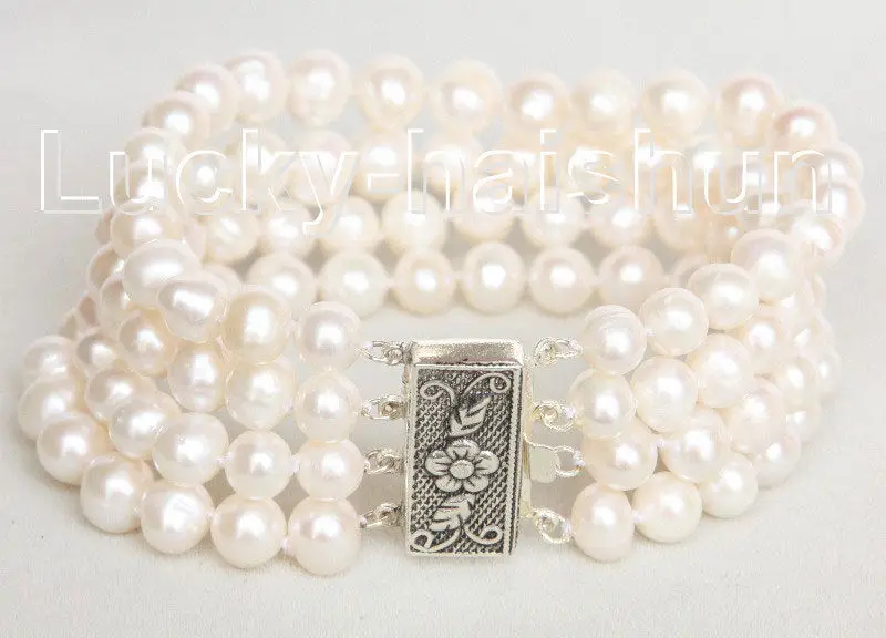 

FREE shipping 8" 4 Strand 8mm white FW pearls bracelet 925 silver clasp j10685