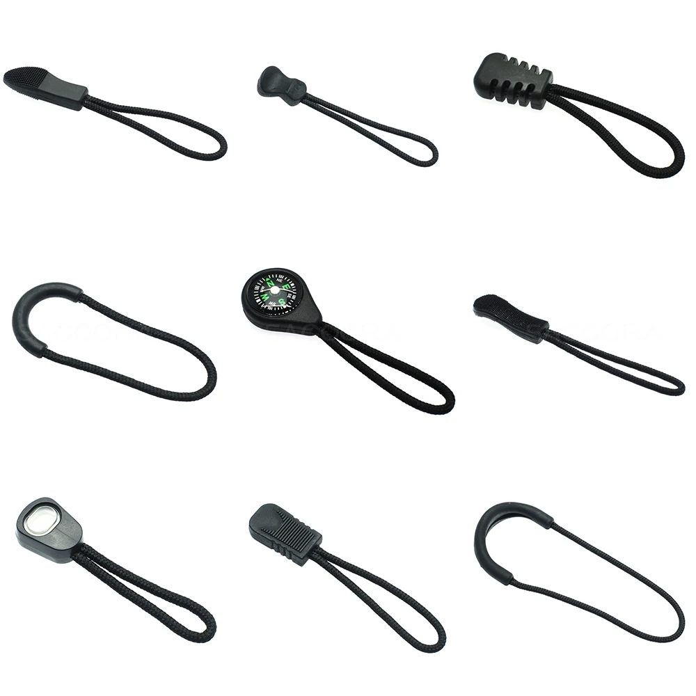 10pcs/pack Zipper Pulls Cord Ends Strap Lariat Black For Apparel Accessories 9 Style