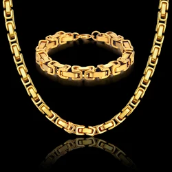 Hip Hop Byzantine Box Chain Set Gold Color Solid Stainless Steel Jewelry Sets For Men/Women 2019 Hot Sale RU Necklace & Bracelet