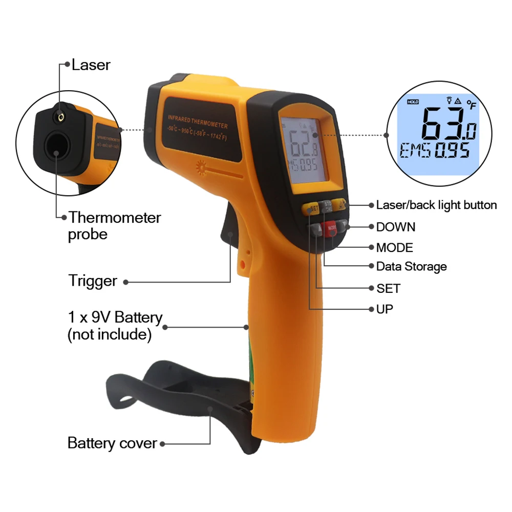 GS320 GM320 GM900 Non-Contact Laser IR Infrared Digital C/F Selection Surface Temperature Thermometer Pyrometer
