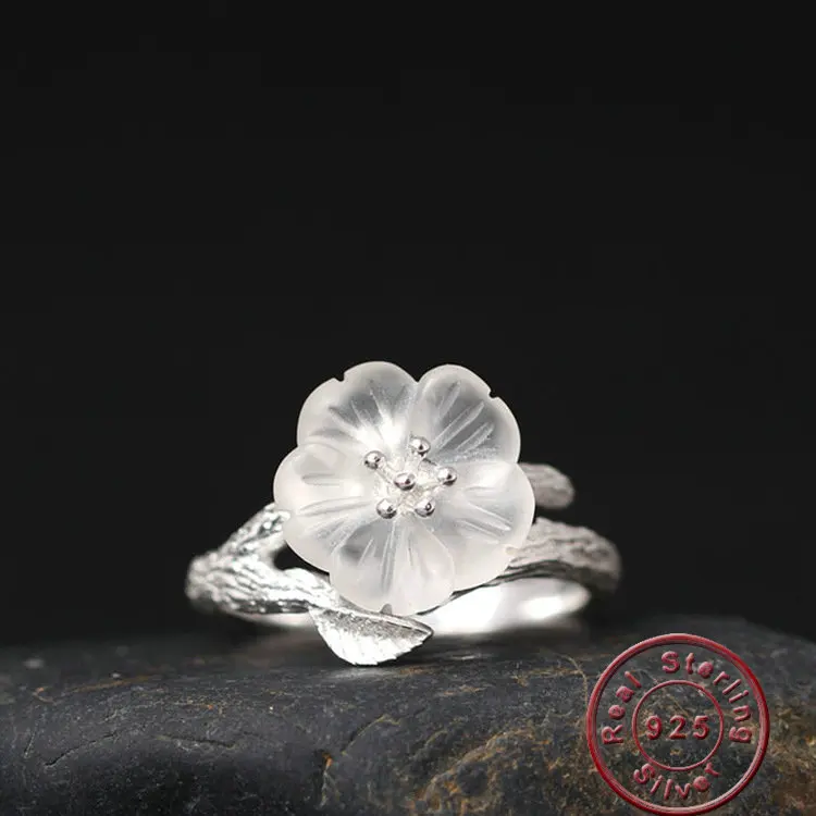 

Amxiu 2019 New Arrival Natural Crystal Flower Ring Jewelry 925 Sterling Silver Open Rings For Women Girls Wedding Accessories