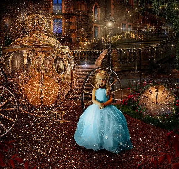 Cô Bé Lọ Lem Vàng Xe Ngựa Đồng Hồ Lấp Lánh Xanh Dương Sương Mù Họa Tiết Phông Nền Máy Tính In Hình Trẻ Em Kids Nền