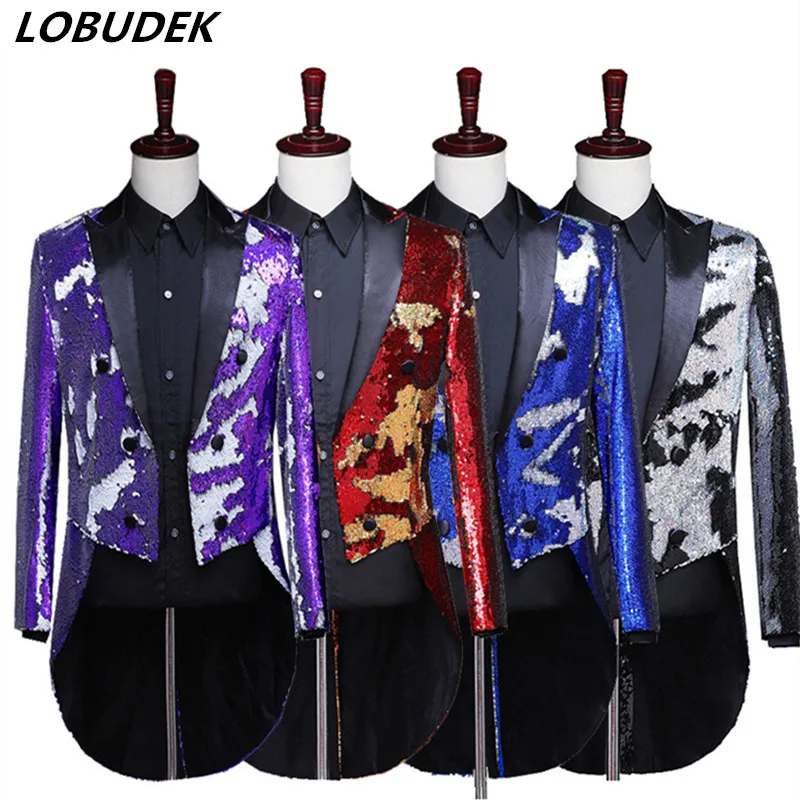 4 Colors Flip Sequins Tailcoat Purple Blue Red Black Swallowtail Fashion Slim Swallow-tailed Coat Magician Performance Clothing