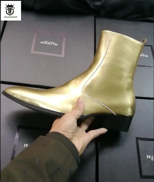 FR.LANCELOT 2020 gold sequin leather men booties Chelsea Boots metallic gold Ankle Boots Men\'s Fashion Spring Autumn Boots