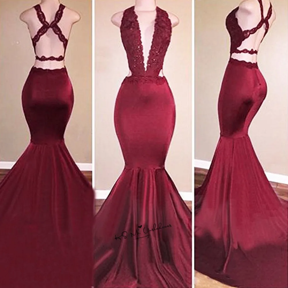 

Burgundy Deep V Neck Sexy Formal Long Evening Gowns Mermaid Women Pageant Backless Lace Prom Dresses 2018 Robe de Soiree Courte