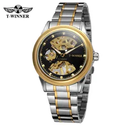 Winner Brand Golden Case Luxury Casual Design Full Stainless Steel Mens Watches Hollow out Mechanical Skeleton Transparent Watch