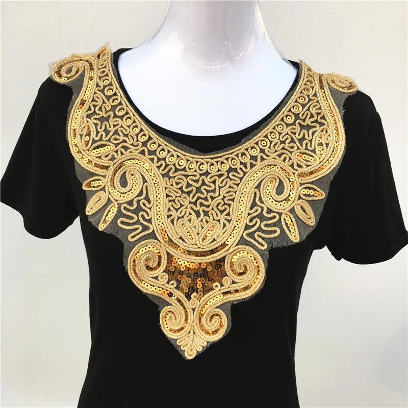 1pcs Craft Gold Neckline collar Venise Sequin Floral Embroidered Applique Trim Decorated Lace Neckline Collar Sewing Accessories