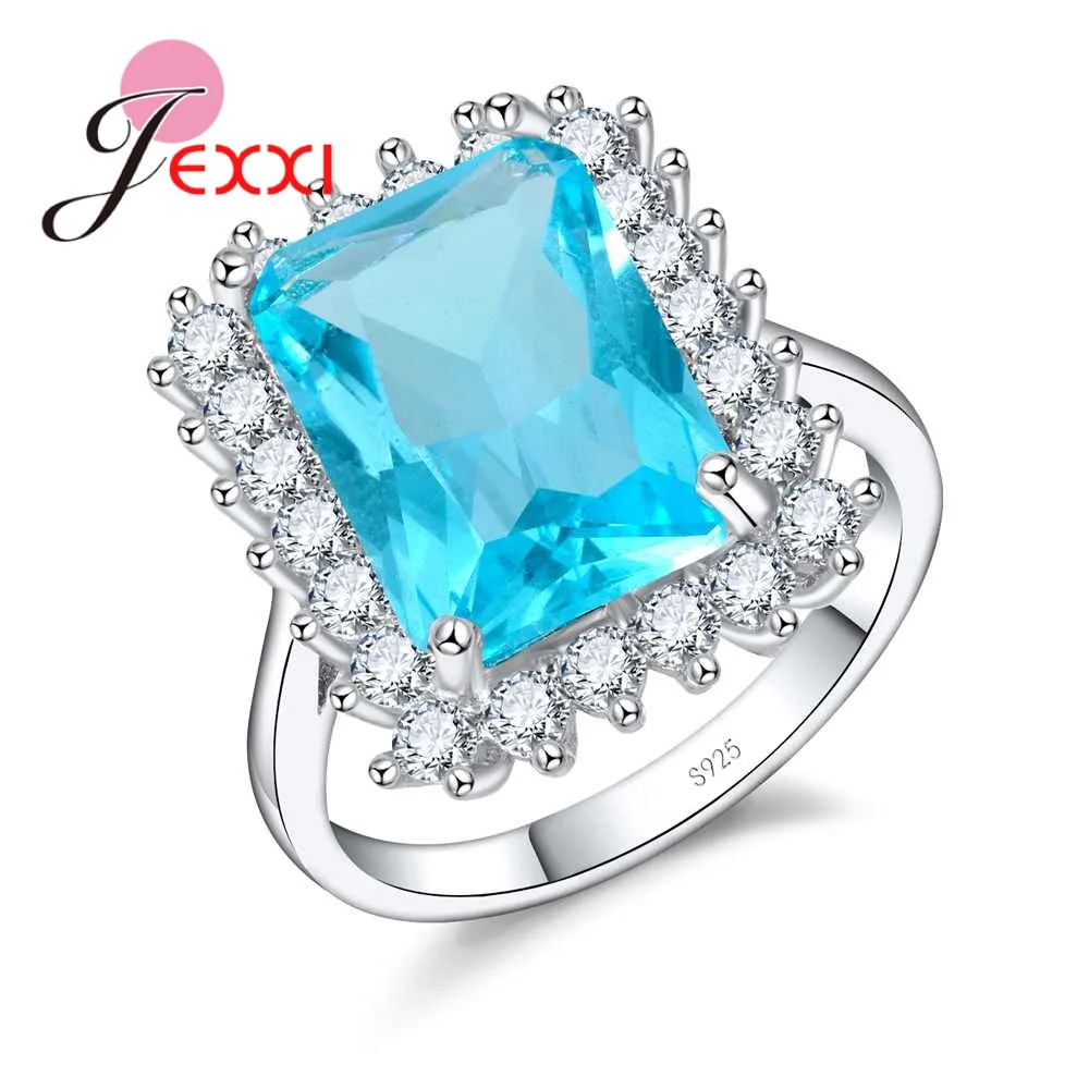 Luxury Bridal 925 Sterling Silver Jewelry Light Blue Square Crystal Wedding Engagement Rings For Women With Cubic Zirconia