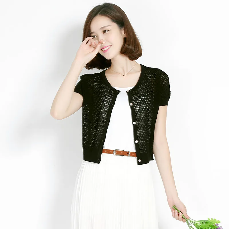 

New Fashion Summer Hollow Out Knit Coat Elegant Lady's V-Neck Thin Knitwear Cardigan Short Sleeve