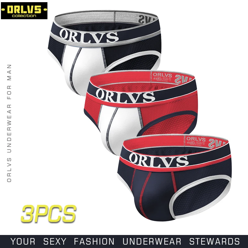 ORLVS 3PC/LOT Brand Breathable Men Underwear Gay Briefs Male Panties Nylon Cueca Tanga Comfortable Underpants Mesh Men Briefs