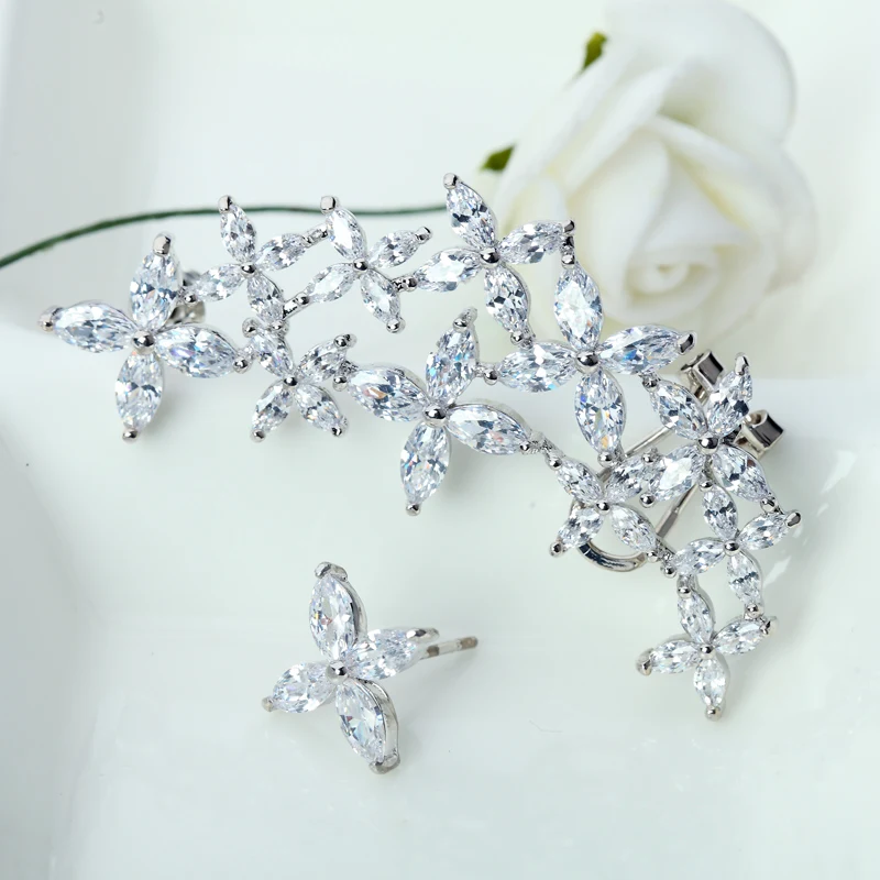 LUOTEEMI Luxury Asymmetric Flower Cubic Zircon Ear Clip for Women CZ Star Earring Cuff for Girls Charm Bride Wedding Accessories