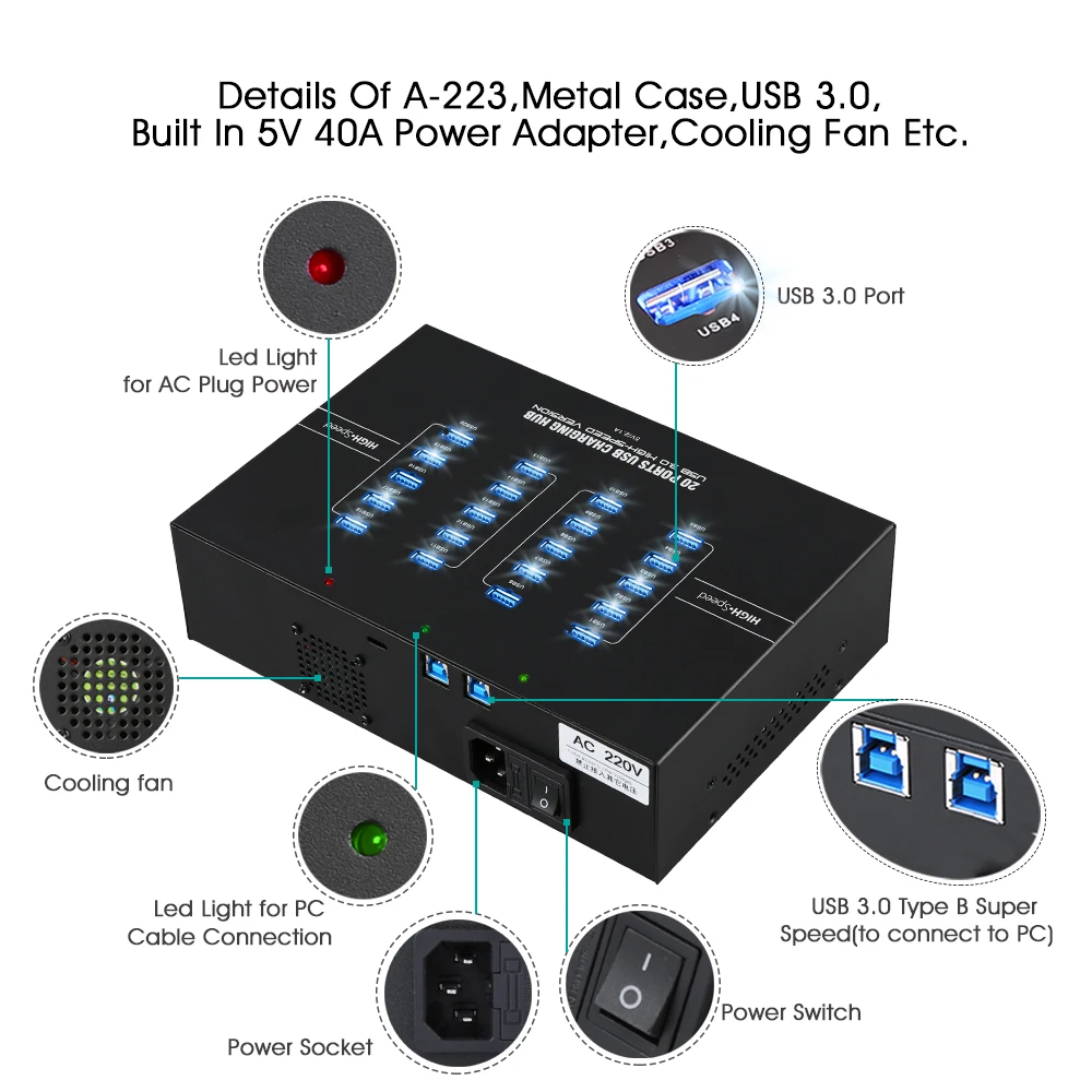 Imagem -04 - Sipolar A223 20 Portas 5gb Velocidade Caixa Forma Usb 3.0 Dados e Carregador Hub para Tablets Telefone Ipad Suporte Bc1.2 Protocolo de Carregamento