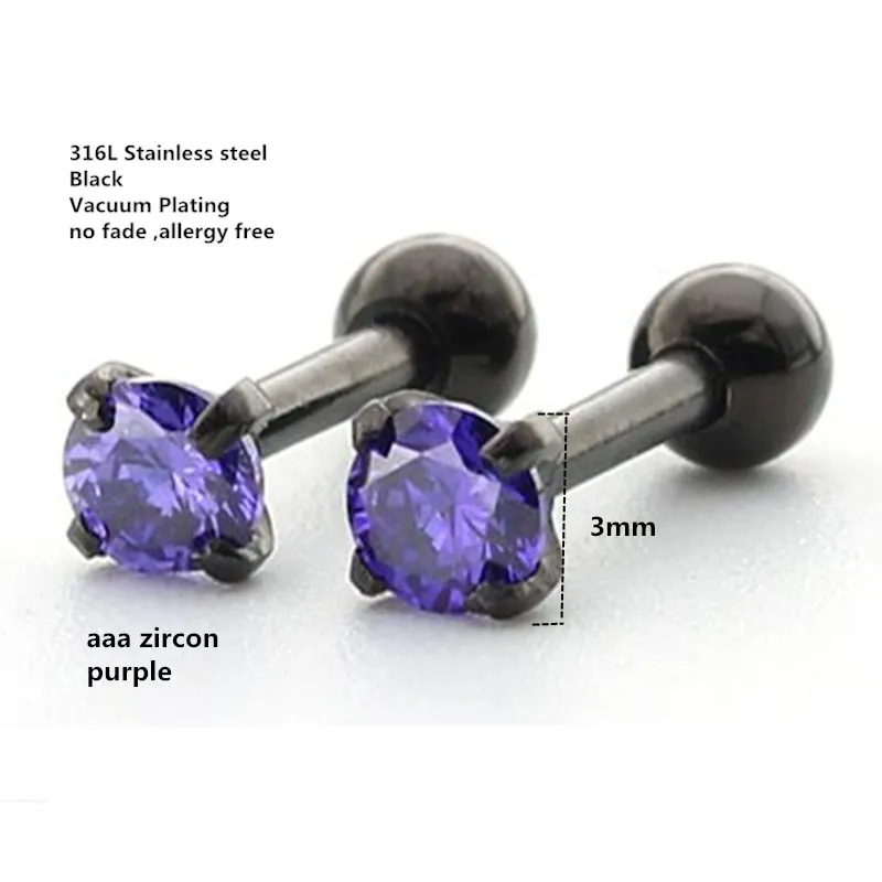 Titanium Black Plated Screw Stud Earrings With Mini 3mm Purple AAA Zircon 316L Stainless Steel No Fade Allergy