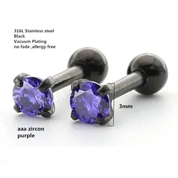 Titanium Black Plated Screw Stud Earrings With Mini 3mm Purple AAA Zircon 316L Stainless Steel No Fade Allergy