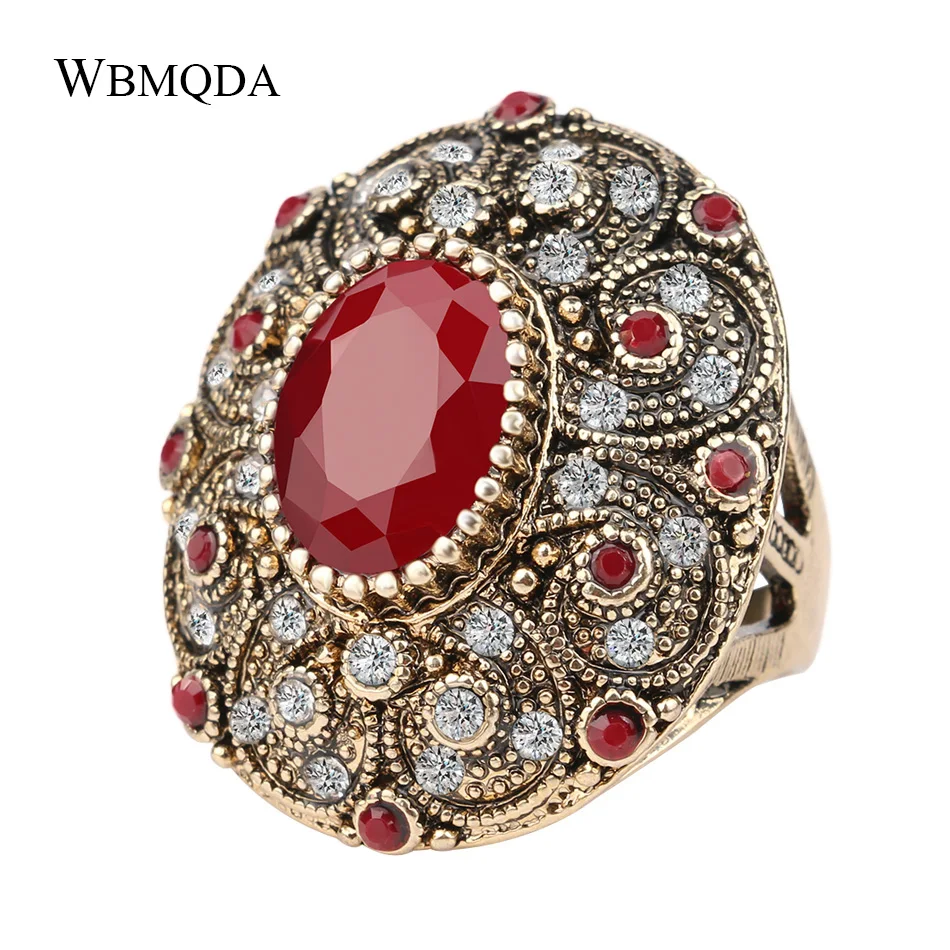 Vintage Indian Jewelry Boho Big Black Red Green Stone Ring Luxury Crystal Antique Gold Wedding Rings For Women 2020 New Arrivals