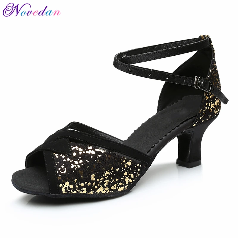 Sapatos de dança salsa glitter para mulheres, sapatos tango para senhoras, sapatos de dança de salão latino, preto, 5cm 7cm