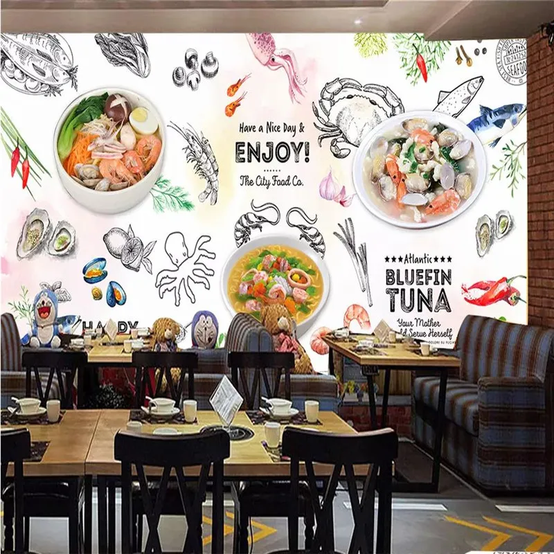 Custom Mural Wallpaper Seafood Noodle Seafood Shop Snack Bar Background Wall