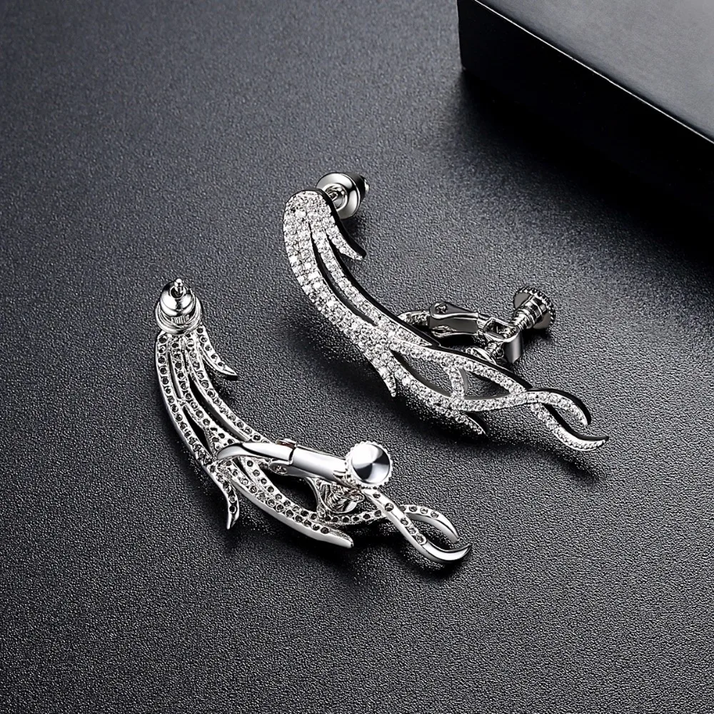 LUOTEEMI Simple Design Feather Shape Ear Jacket Well Favorable Drop Earrings With Clear CZ Crystal Brincos Bijoux for Women