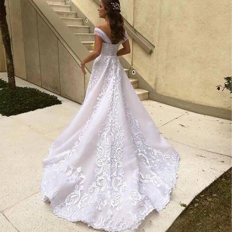 Luxury A-line Wedding Dresses Off The Shoulder Tulle Sleeves Vintage Appliques White Bridal Gowns Chapel Train Robe De Mariee