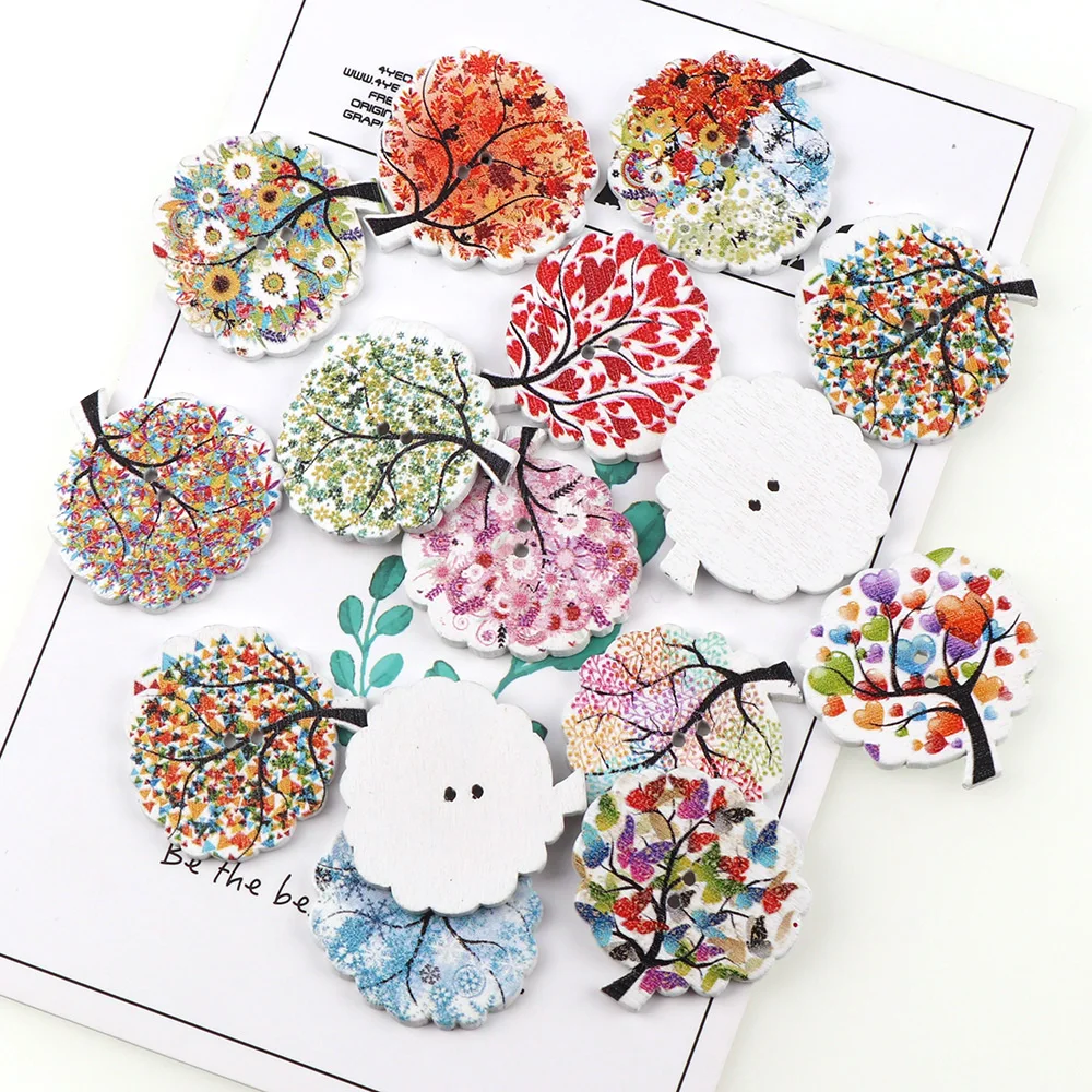 Colorful Green Tree Wooden Decorative Buttons 2 Holes 30pc Series Wood Buttons Sewing Scrapbooking For Child Clothes