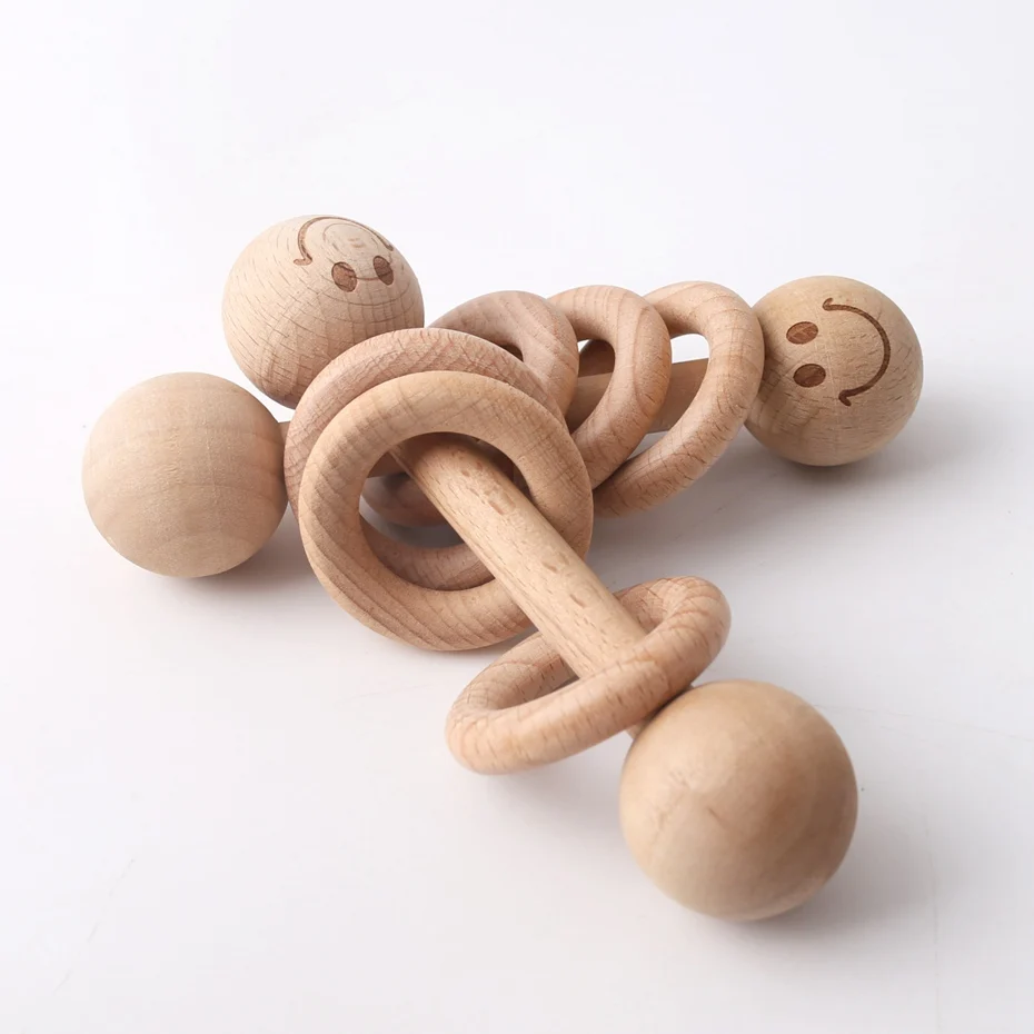 10pcs Beech Wooden Rings Teether Rattle Toys Safe and Natural Baby Shower Gift Soothe Baby Nursing Accessories Teething