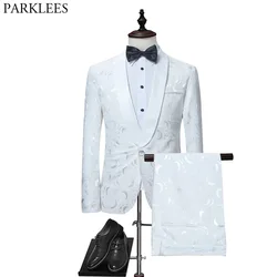 Mens White Floral One Button Suits Party Wedding Groom Tuxedos Groomsmen 2 Piece Suit (Jacket+Pants) Male Costume Mariage Homme