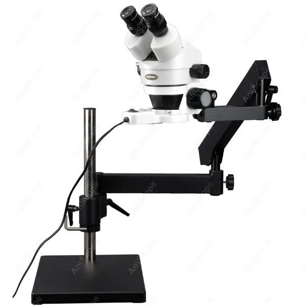 AmScope SM-7 Series Binocular Zoom Microscope 3.5X-90X on Articulating Stand+ Base Plate and 144-LED Ring Light