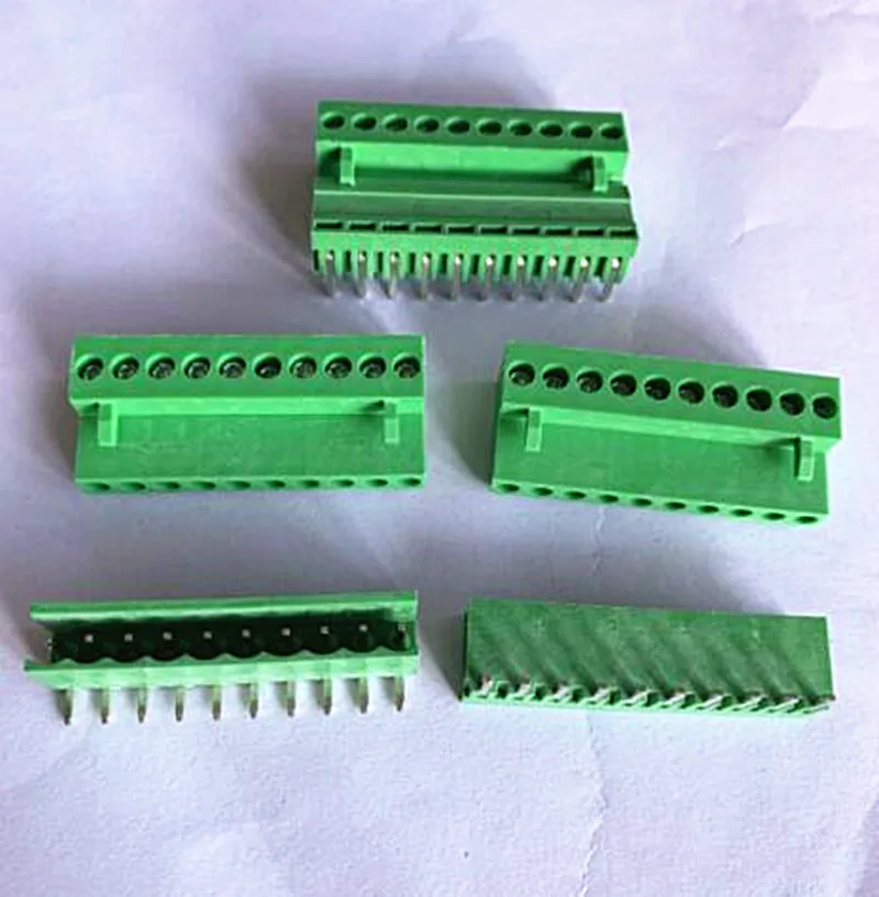 10sets 3.96mm Spacing 2-24p Screw Pluggable Block Terminal Connectors Straight Single /Curved needle seat Row AC 300V 10A Green