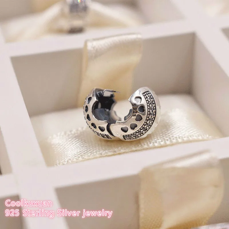 Autumn Authentic 100% 925 Sterling Silver Brand Logo Hearts Clip, Clear CZ Beads Fit Pandora Charms Bracelet Jewelry Making