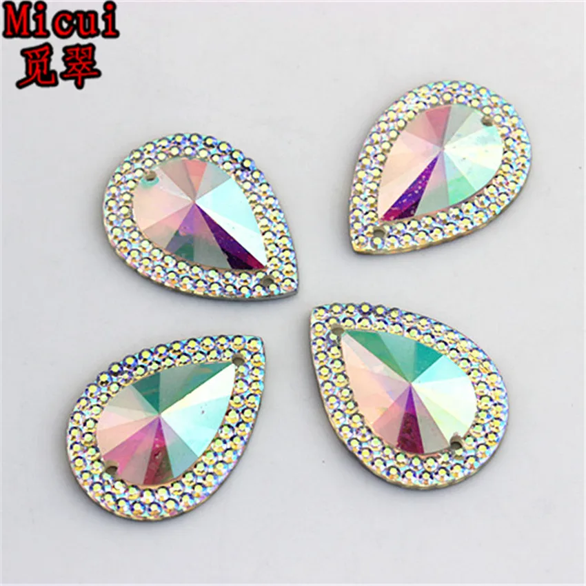 Micui 50pcs 18*25mm AB Color Drop Resin Crystal Resin Rhinestones Beads Flat back Sewing Buttons Sew On 2 hole ZZ474