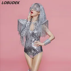 Bar Nightclub Singer Leading Dance Team Groups Silver Sequin Tassel Fly Shoulder Bodysuit Stage Performance Drag Queen Costume