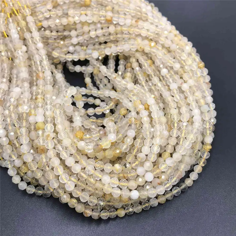 Natural faceted Gold Color Rutilated Quartz crystal Small Section Loose Beads 2 3 4mm Quartz Micro gem stone beads wholesale