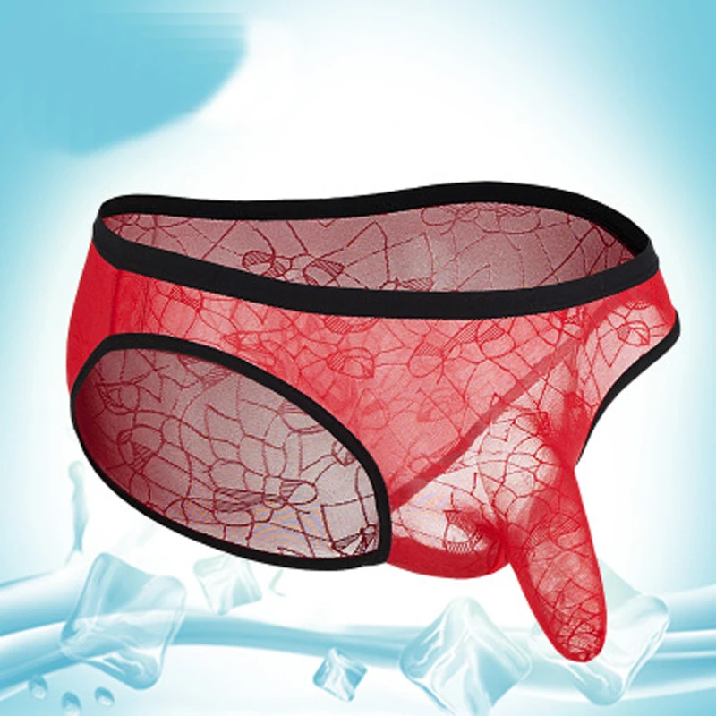 Men\'s transparent mesh lace guns elephant underwear breathable ice silk hollow thin section Men\'s briefs jockstrap gay underwear