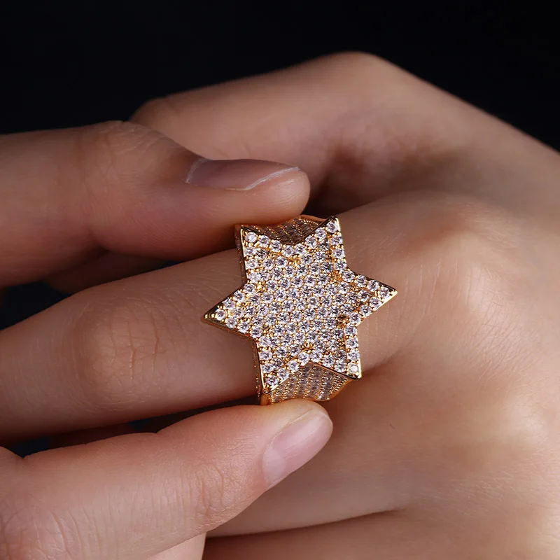 Mint Green AAA Cubic Zirconia Bling Ice Out Jewish Star of David Hexagram Rings for Men Hip Hop Rapper Jewelry Gold Color