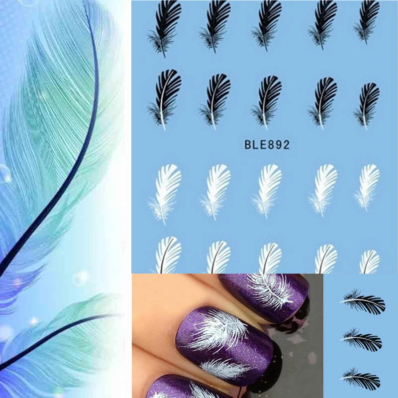 Feather Nail Art Decals, Water Transfer Stickers, Tips Wrap Decoration, Black and White, 20Pcs per Sheet