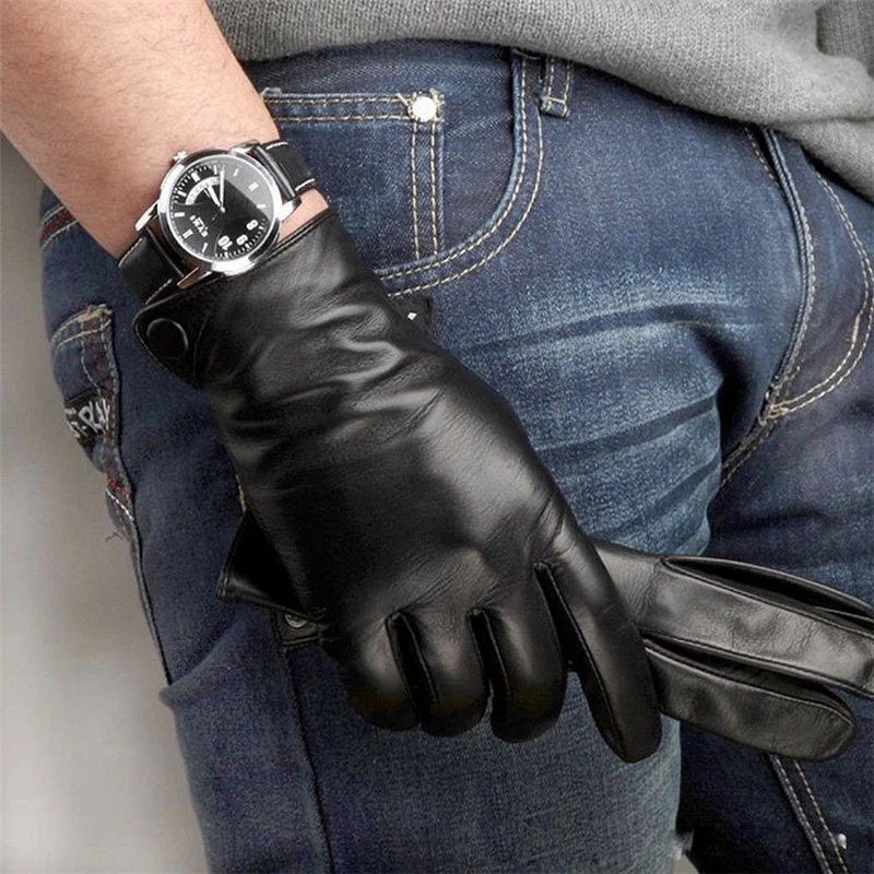 Fashion Men Leather Gloves Winte Warm Solid Black Wrist Real Genuine Sheepskin Glove r Driving Time-limited M001NC-5