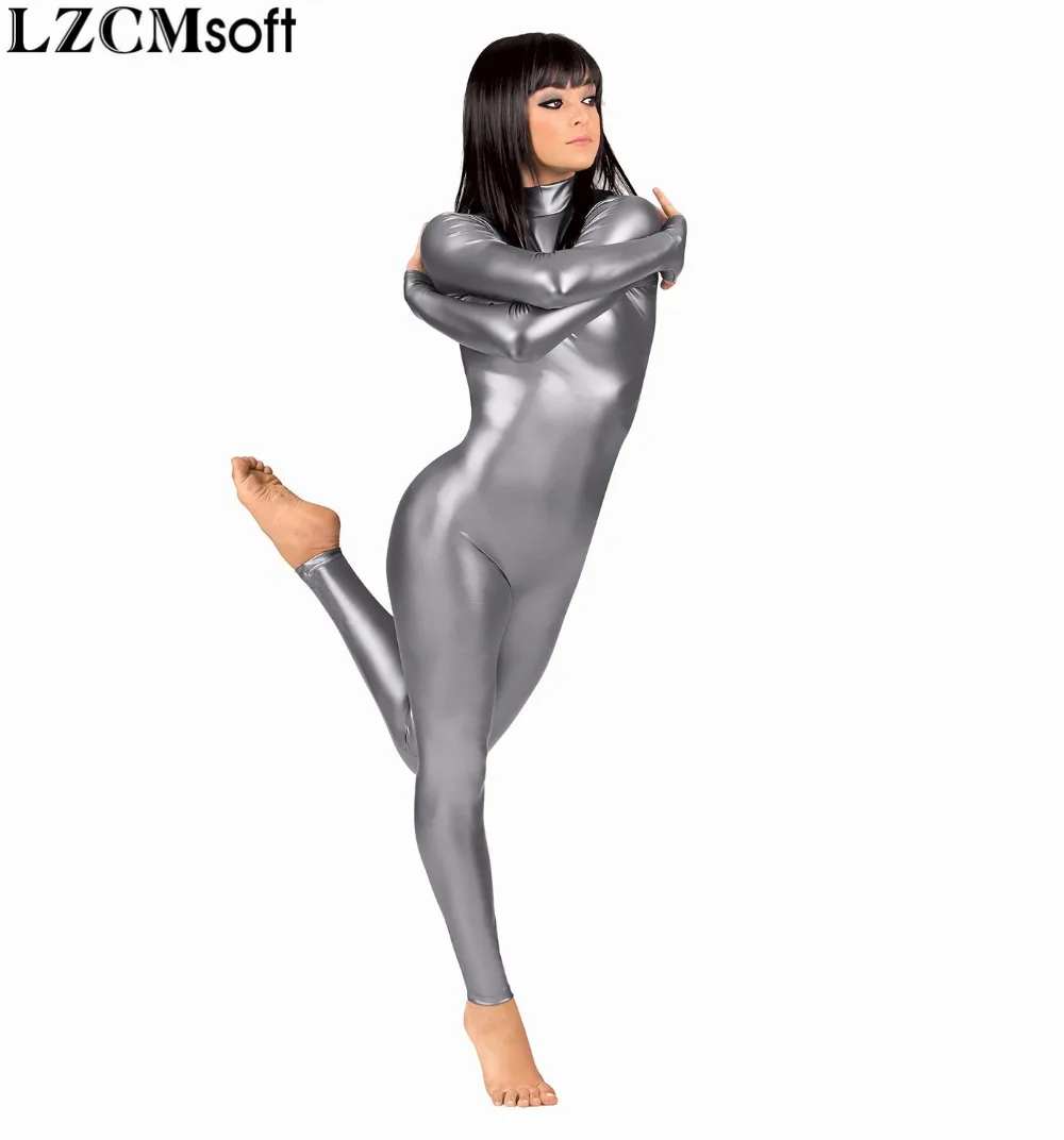 LZCMsoft Women Long Sleeve Metallic Unitards Adults Shiny Full Ballet Gymnastics Catsuits Dancewear Spandex Unitards Stage Show