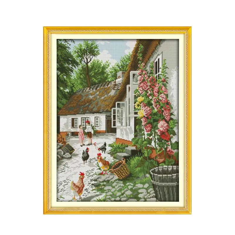 

Farmers' yard chicken flocking hand-embroidered Chinese characteristics cross stitch suite rural life landscape paintings