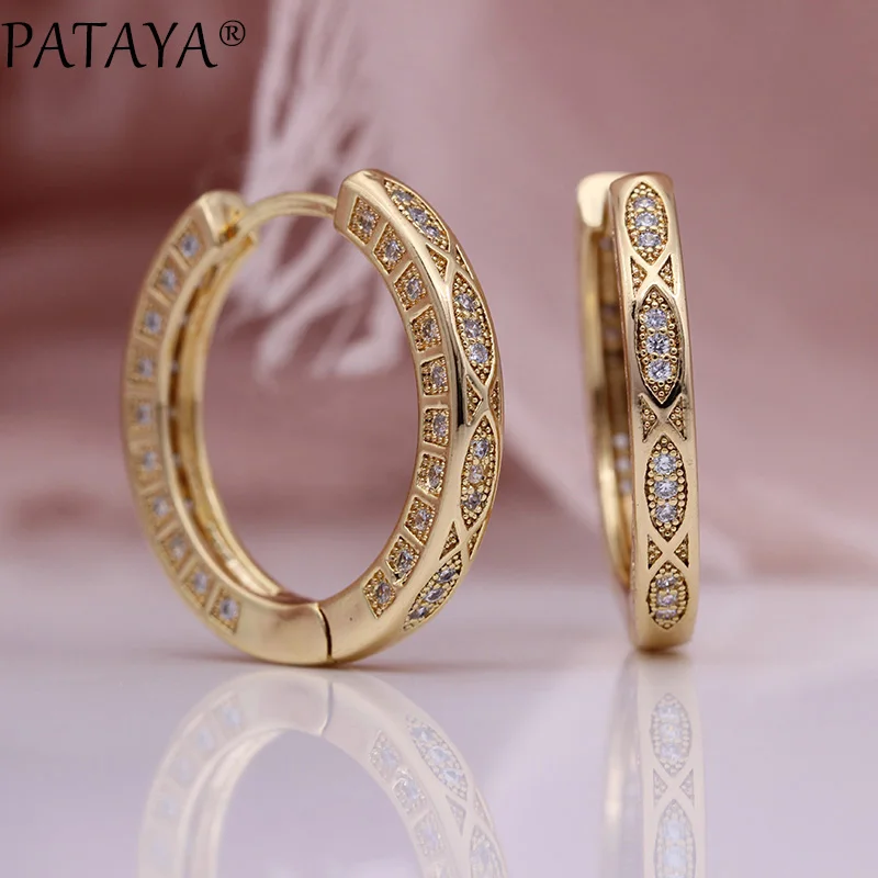 PATAYA New 585 Rose Gold Color Drop Earrings Women Wedding Jewelry White Round Natural Zircon Luxury Fashion Retro Grid Earring