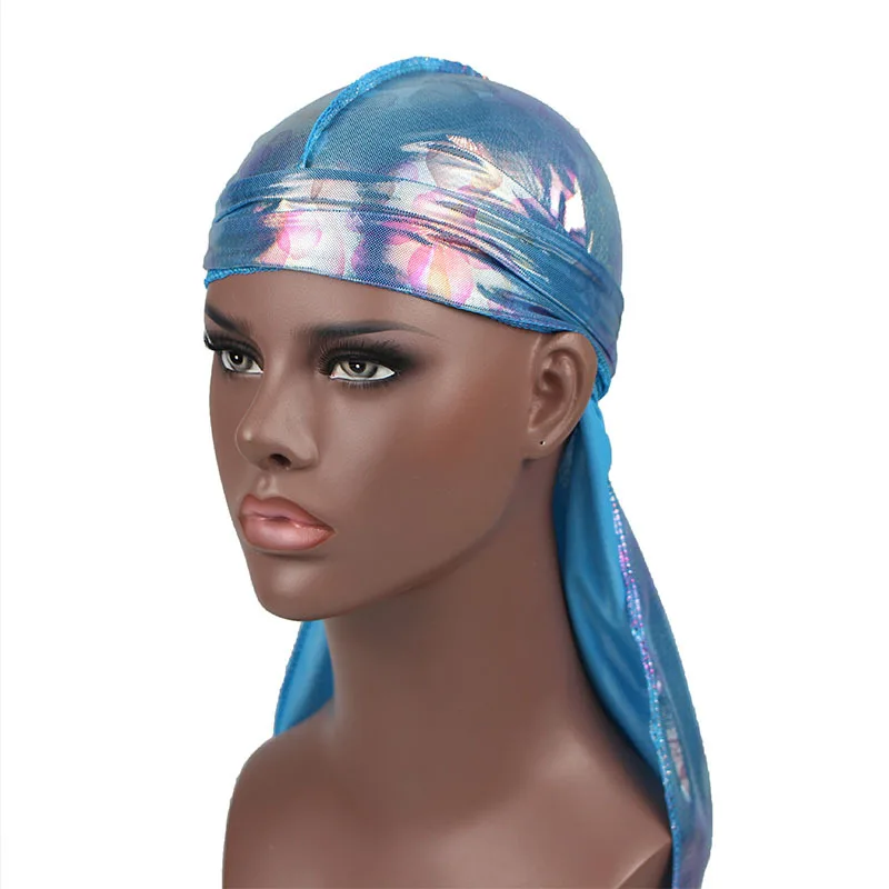 New Attractive Laser Silky Durag Bandanas Hats for Women Men Long Tail Pirate Hat Waves do doo du rag Turban Hair Accessories