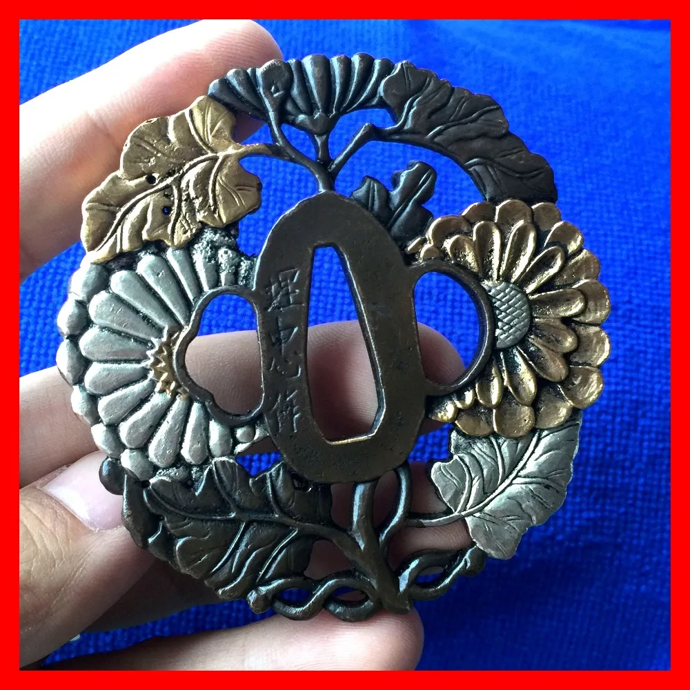 Handmade Fitting Copper Guard Tsuba For Japanese Katana Sword Accessory W/Chrysanthemum Design