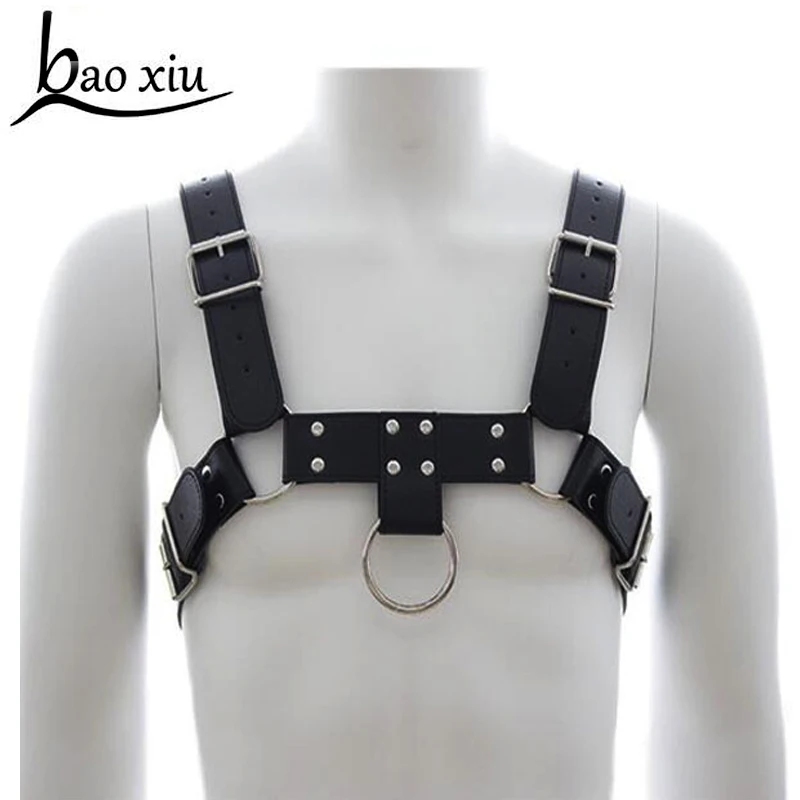 

Men Sexy Punk Leather Harness Body Shoulder strap Binding Cage Sculptures Breast Belt O metal circle Leather Pants Braces