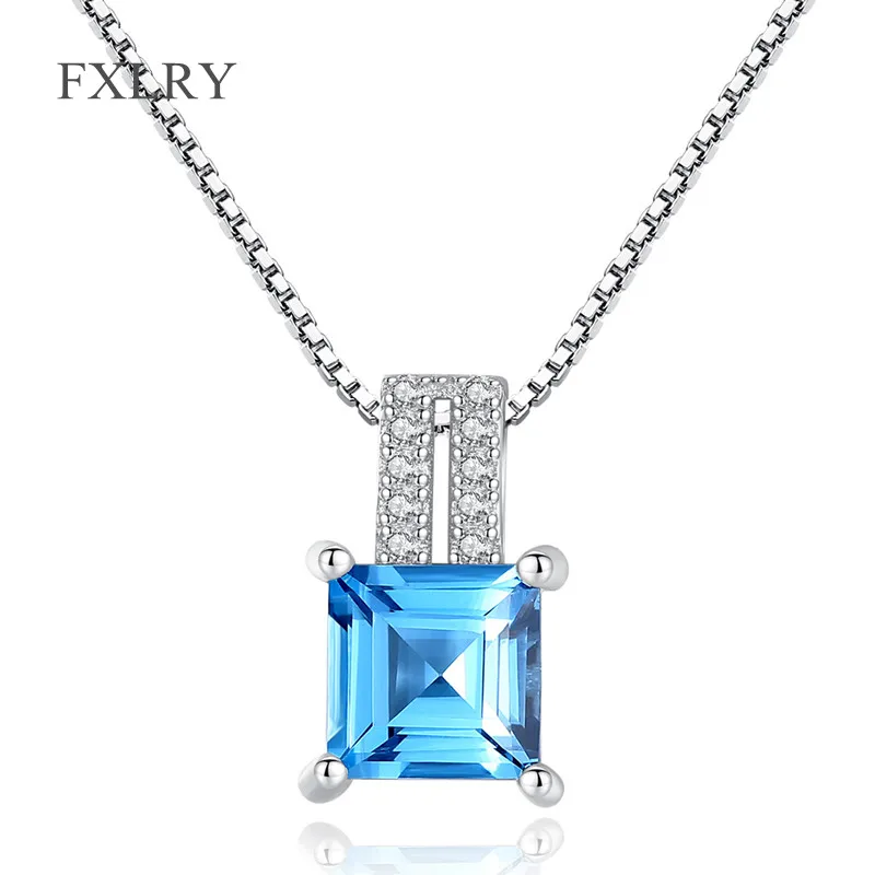 FXLRY New Arrived Silver color Micro Inlay Zircon Geometry Blue Zircon Pendant Necklaces Fine Jewelry For Women