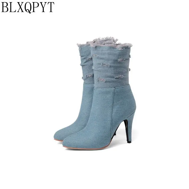 BLXQPYT Plus Big & Small Size 28-50 Denim  boot short Pointed Toe Women Autumn winter High Heels Wedding Shoes Woman Y72