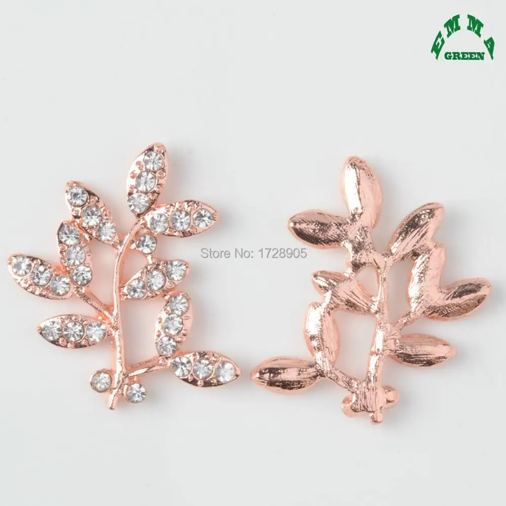 Rose Gold Branch Leaf Flower Flat back Decorative Rhinestone Buttons Crystal Diamants Embellishments 10 pcs 33*30 mm  Appliques