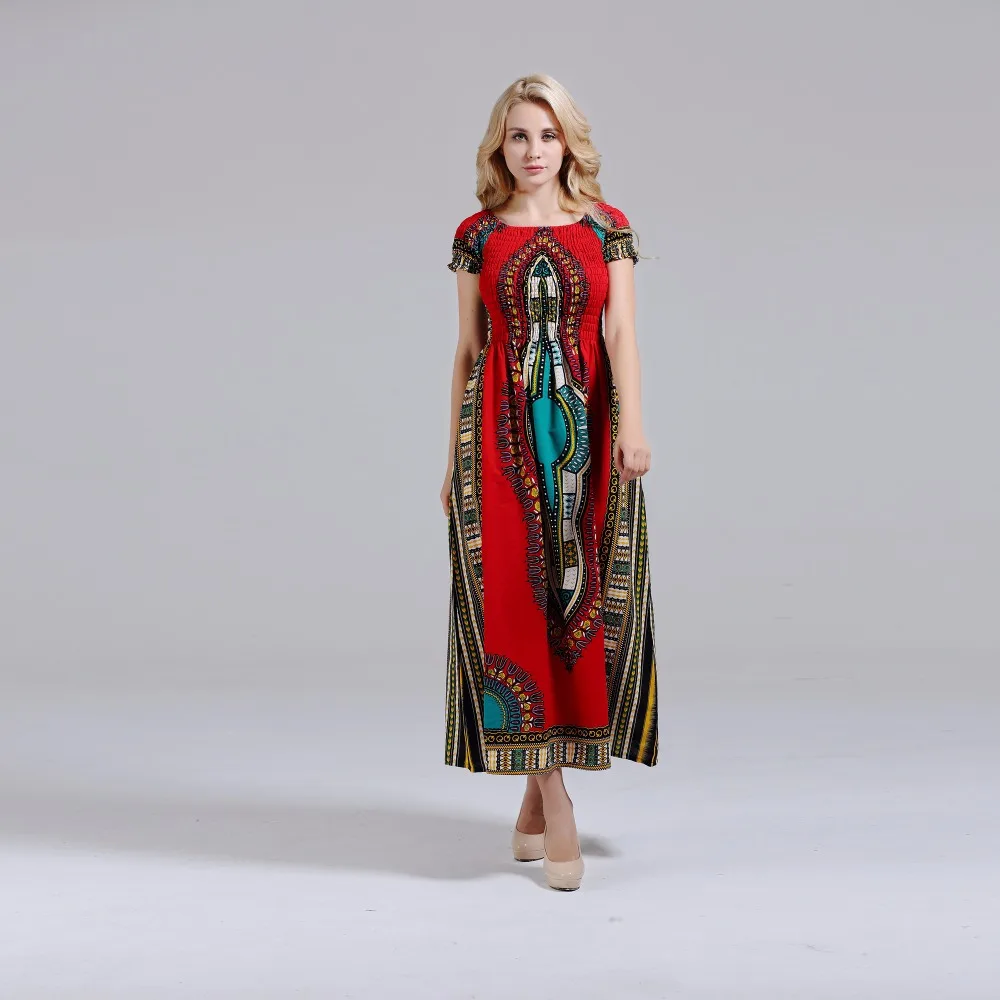 Dashikiage 100% Cotton Vintage Dashiki Long Dress Petal Sleeve Slash Neck African Print Maxi Dresses - two wearing styles