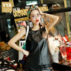 Streetwear Fashion Sleeveless Slim Fit Women Genuine Leather Vests O-Neck Pullover Sheepskin Black Chalecos Para Mujer