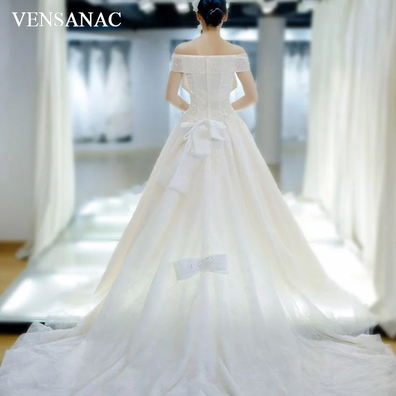 

VENSANAC Sequined V Neck Ball Gown Lace Wedding Dresses Vintage Short Sleeve Bow Court Train Bridal Gowns