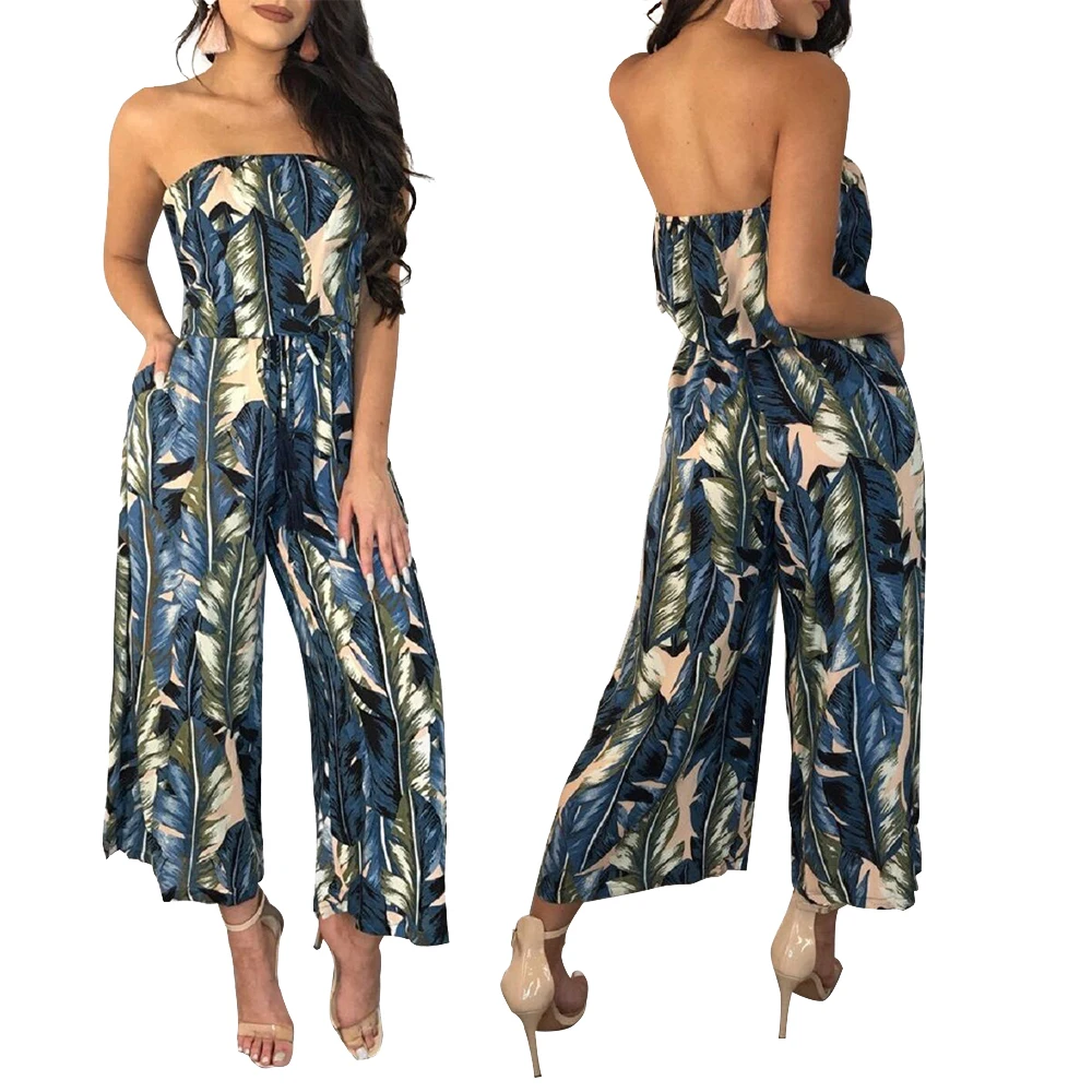 Summer Vacation Boho High Waist Leaf Print Wide Leg Women Jumpsuit Sexy Off Shoulder Long Playsuit Beach Jumpsuit Female Overall